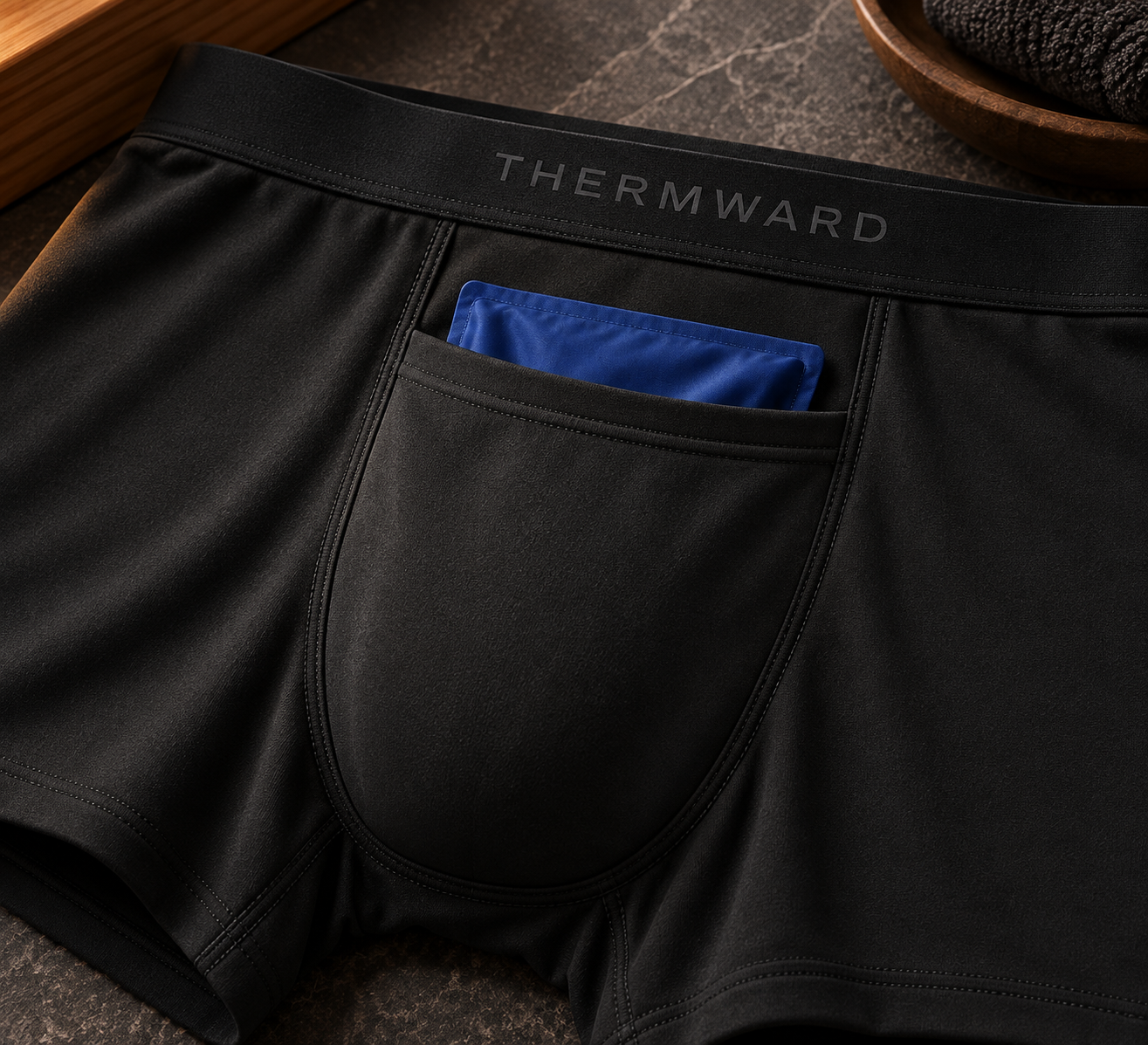 Close-up of the reusable blue cooling insert inside the discreet front pocket