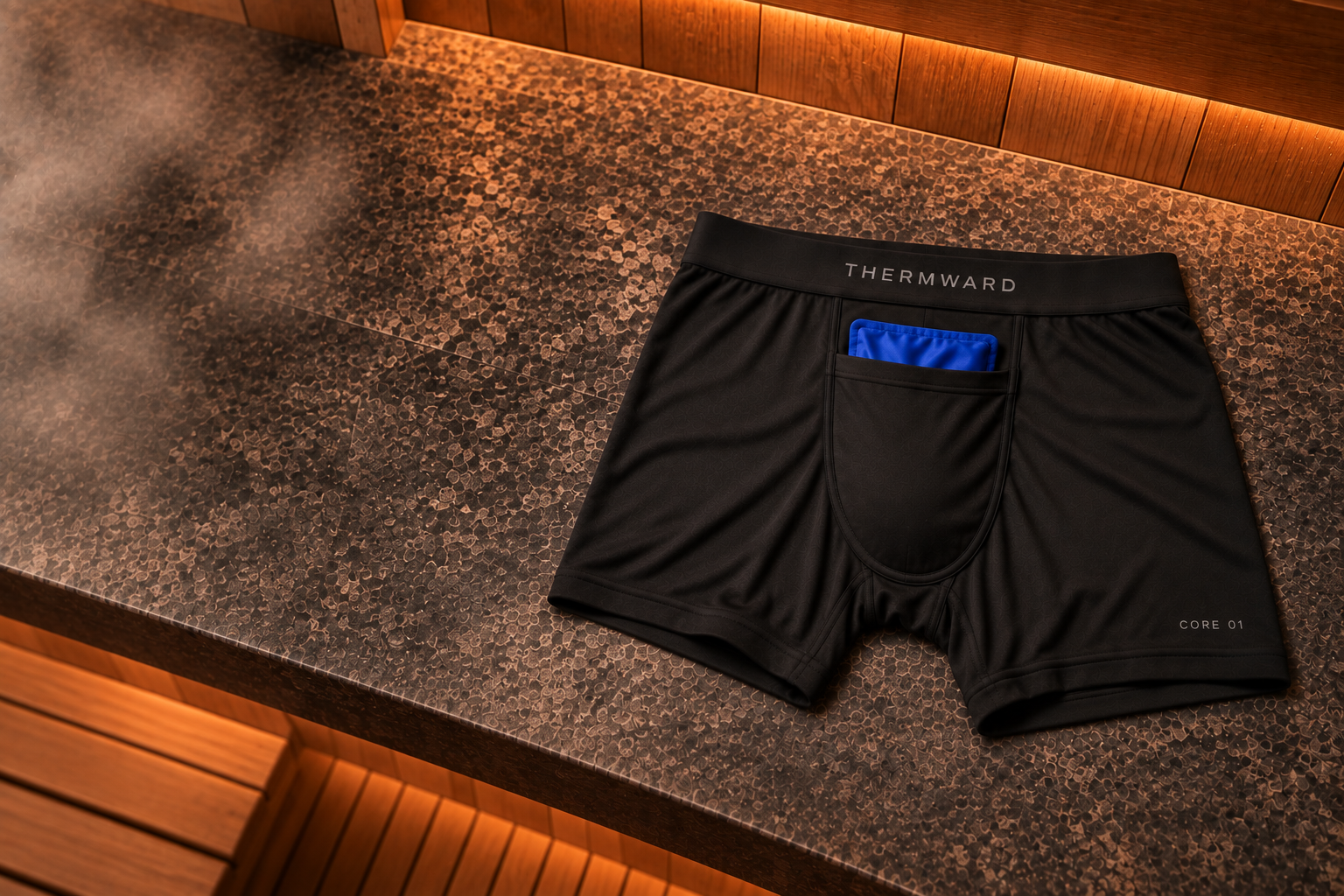 Black THERMWARD CORE 01 sauna boxer with a blue cooling insert on a dark stone bench