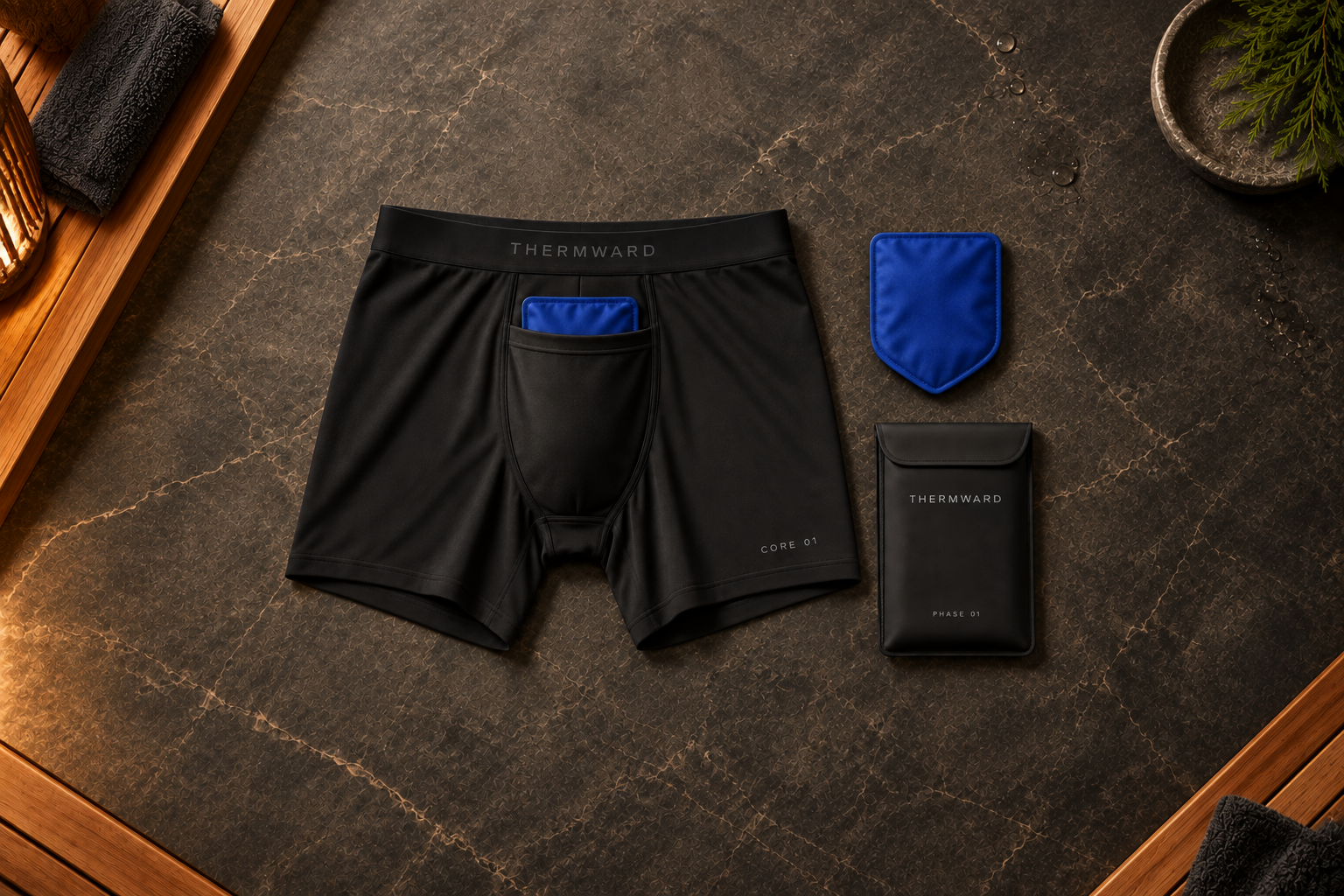 CORE 01 black boxer system with reusable shield-shaped blue cooling inserts